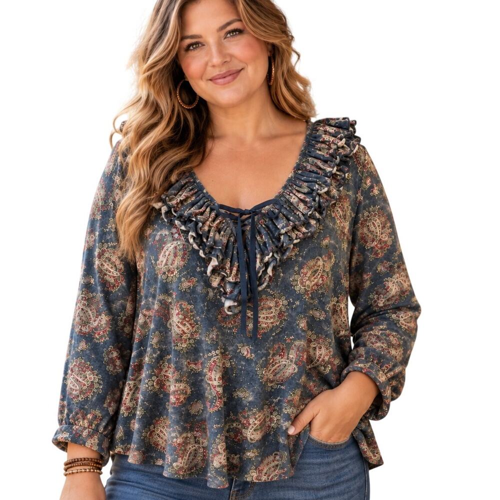 LRL Lauren Jeans Ruffled Laceup Top Womens Size 3X Dusty Blue Paisley Knit Boho